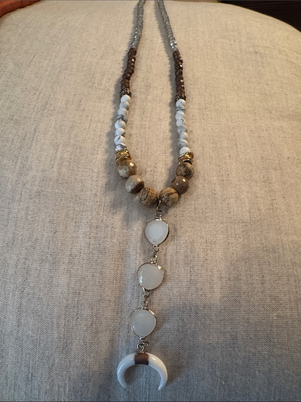 Natural Stone and Howlite Long Pendant Necklace - White and Brown